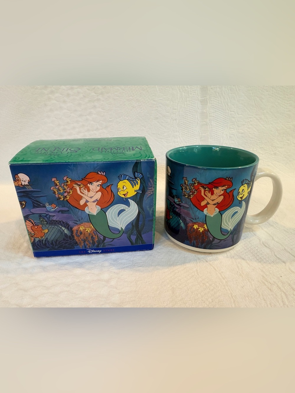 Vintage 1990s Disney Little Mermaid Mug With Box Ariel Flounder Sebastian